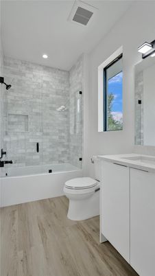 Bathroom, Glass Shower, Interior, Recessed Lighting, Wood Texture Flooring