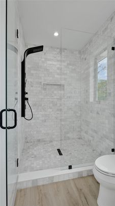 Bathroom, Glass Shower, Interior, Recessed Lighting, Wood Texture Flooring