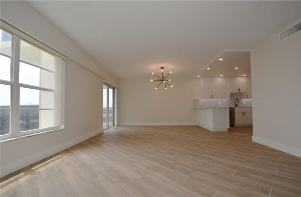 Empty room, Interior, Kitchen, Pendant Lights, Recessed Lighting, Wood Texture Flooring