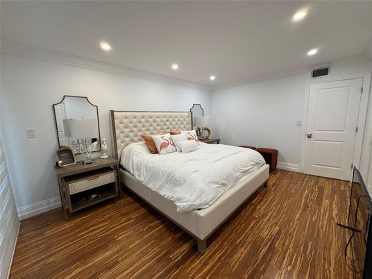 Bedroom, Interior, Recessed Lighting, Wood Texture Flooring