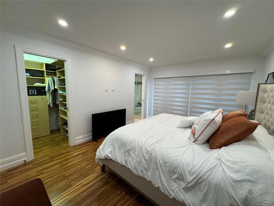Bedroom, Interior, Recessed Lighting, Wood Texture Flooring