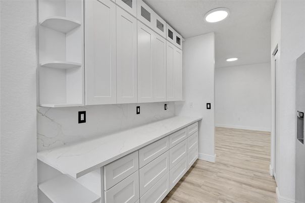 Interior, Kitchen, Marble Walls, Recessed Lighting, Wood Texture Flooring
