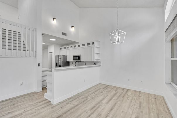 Interior, Kitchen, Pendant Lights, Recessed Lighting, Wood Texture Flooring