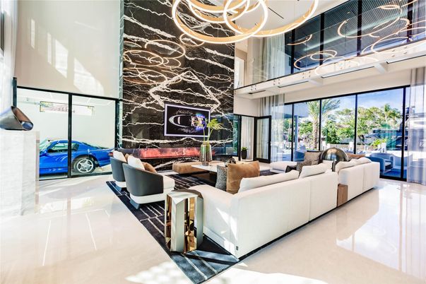 Interior, Living room, Marble Walls, Pendant Lights