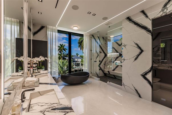 Bathroom, Free Standing Baths, Glass Shower, Interior, Marble, Marble Walls, Recessed Lighting