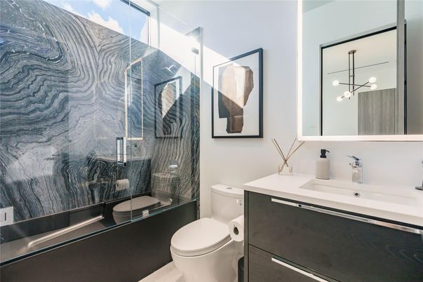Bathroom, Glass Shower, Interior, Pendant Lights