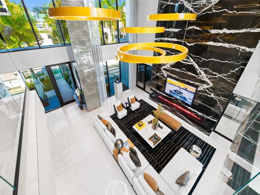 Interior, Living room, Marble Walls, Pendant Lights