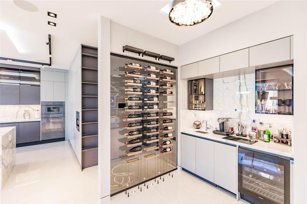 Interior, Kitchen, Marble Walls, Stainless Steel Appliances, Wine Storage