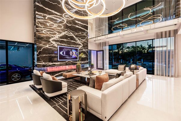 Interior, Living room, Marble Walls, Pendant Lights