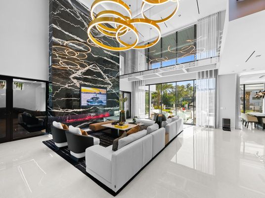 Fireplace, Interior, Living room, Marble Walls, Pendant Lights, Recessed Lighting