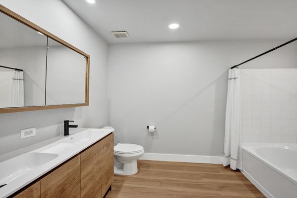 Bathroom, Dual Sink Vanities, Interior, Recessed Lighting, Wood Texture Flooring
