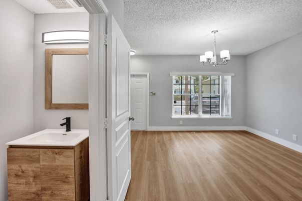 Bathroom, Chandelier, Empty room, Interior, Wood Texture Flooring
