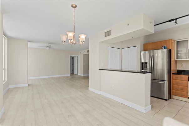 Chandelier, Interior, Kitchen, Stainless Steel Appliances, Wood Texture Flooring