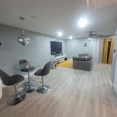 Dining room, Interior, Living room, Pendant Lights, Recessed Lighting, Wood Texture Flooring