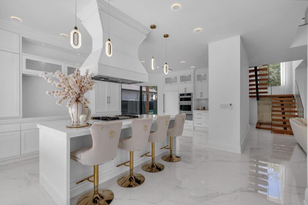Interior, Kitchen, Marble, Pendant Lights, Recessed Lighting, Stainless Steel Appliances