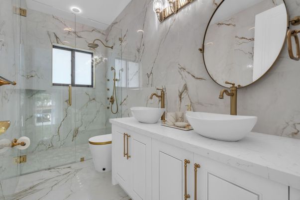 Bathroom, Dual Sink Vanities, Free Standing Baths, Glass Shower, Interior, Marble, Marble Walls, Recessed Lighting