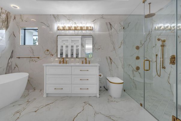 Bathroom, Free Standing Baths, Glass Shower, Interior, Marble, Marble Walls, Recessed Lighting