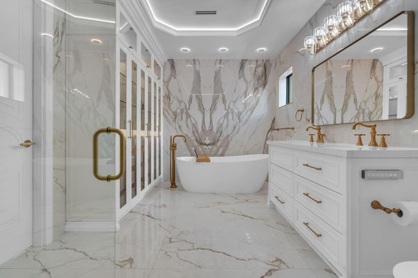 Bathroom, Dual Sink Vanities, Free Standing Baths, Glass Shower, Interior, Marble, Marble Walls, Recessed Lighting