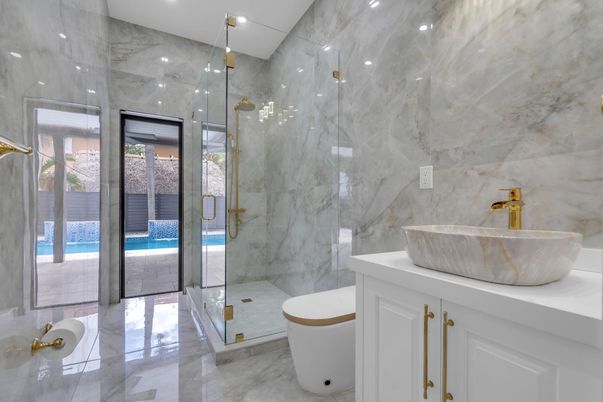 Bathroom, Glass Shower, Interior, Marble Walls, Recessed Lighting