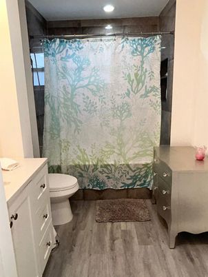 Bathroom, Interior, Recessed Lighting, Wood Texture Flooring