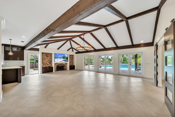 Fireplace, Interior, Kitchen, Pendant Lights, Recessed Lighting, Wooden Beams