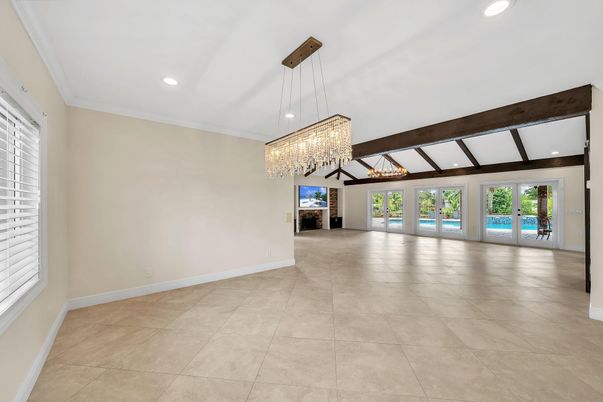 Chandelier, Empty room, Interior, Recessed Lighting, Wooden Beams
