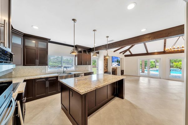 Interior, Kitchen, Pendant Lights, Recessed Lighting, Stainless Steel Appliances, Wooden Beams
