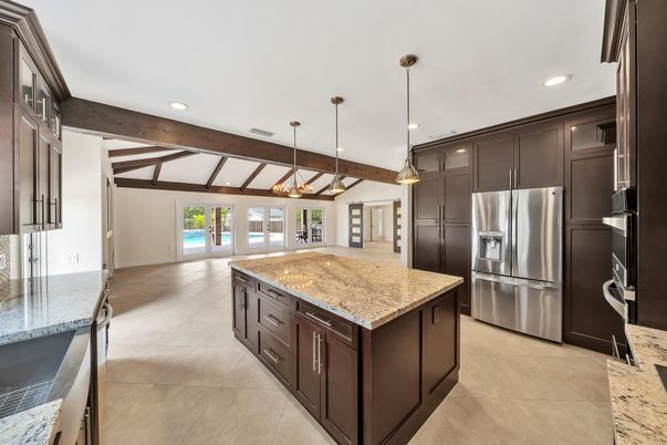 Interior, Kitchen, Pendant Lights, Recessed Lighting, Stainless Steel Appliances, Wooden Beams