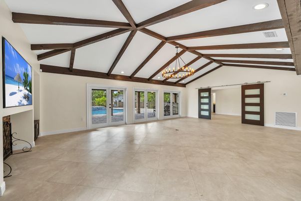 Chandelier, Empty room, Interior, Recessed Lighting, Wooden Beams