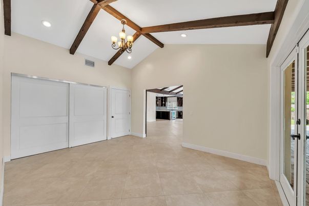Chandelier, Empty room, Interior, Recessed Lighting, Wooden Beams