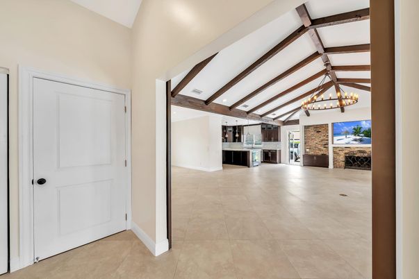 Chandelier, Empty room, Fireplace, Interior, Stone Walls, Wooden Beams