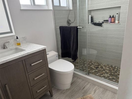 Bathroom, Glass Shower, Interior, Wood Texture Flooring
