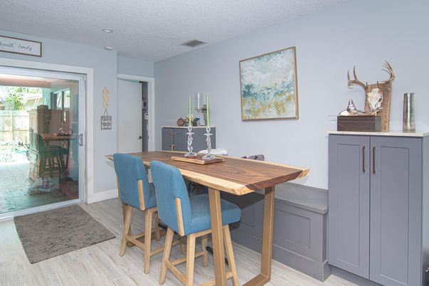 Dining room, Interior, Recessed Lighting, Wood Texture Flooring