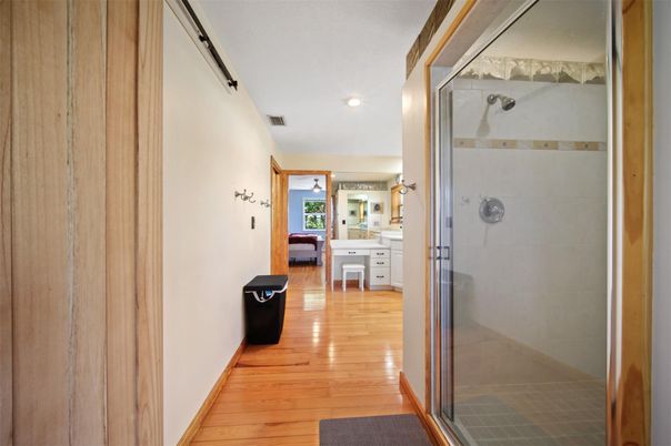 Bathroom, Glass Shower, Interior, Recessed Lighting, Wood Texture Flooring
