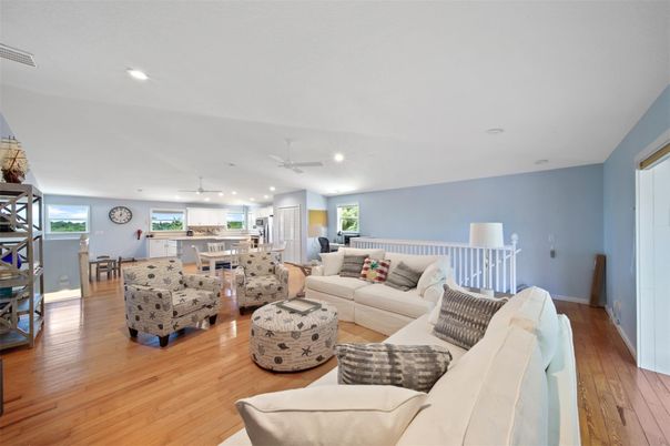Dining room, Interior, Kitchen, Living room, Recessed Lighting, Wood Texture Flooring