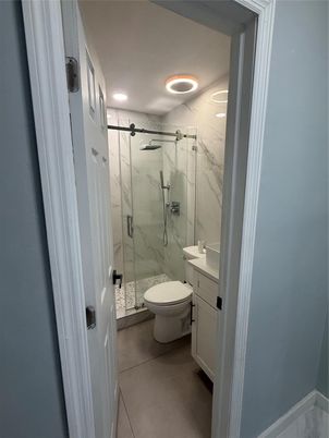Bathroom, Glass Shower, Interior, Marble Walls, Recessed Lighting