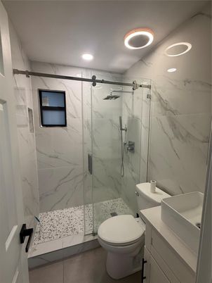 Bathroom, Glass Shower, Interior, Marble Walls, Recessed Lighting