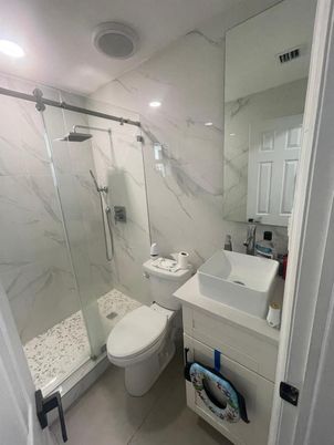Bathroom, Glass Shower, Interior, Marble Walls, Recessed Lighting