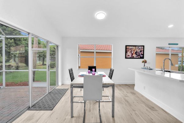 Dining room, Interior, Recessed Lighting, Wood Texture Flooring