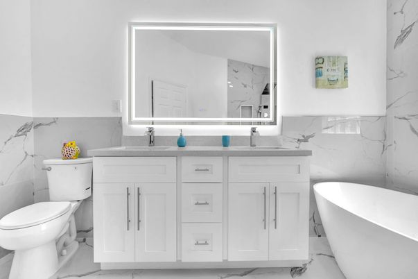 Bathroom, Dual Sink Vanities, Free Standing Baths, Interior, Marble, Marble Walls