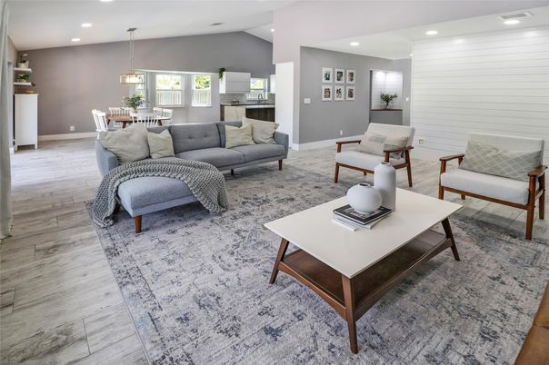 Dining room, Interior, Living room, Pendant Lights, Recessed Lighting, Wood Texture Flooring