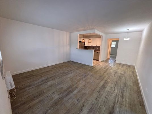 Empty room, Interior, Kitchen, Pendant Lights, Wood Texture Flooring