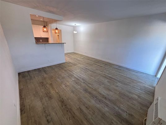 Empty room, Interior, Kitchen, Pendant Lights, Recessed Lighting, Wood Texture Flooring