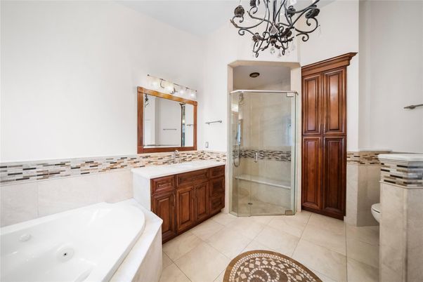 Bathroom, Chandelier, Glass Shower, Interior