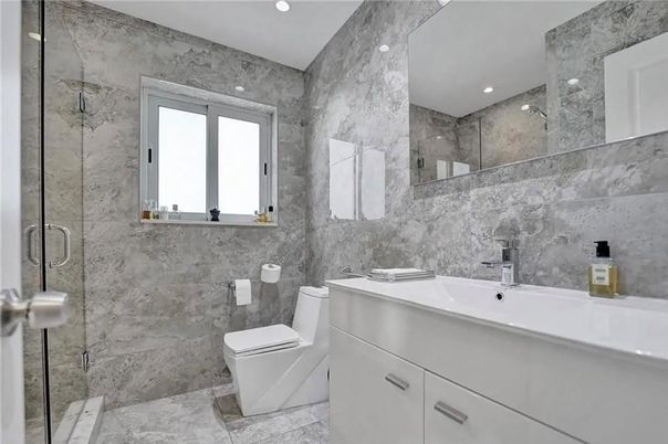 Bathroom, Glass Shower, Interior, Marble Walls, Recessed Lighting