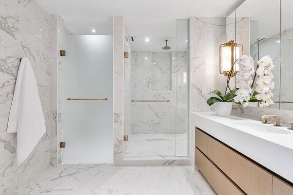 Bathroom, Glass Shower, Interior, Marble, Marble Walls, Recessed Lighting