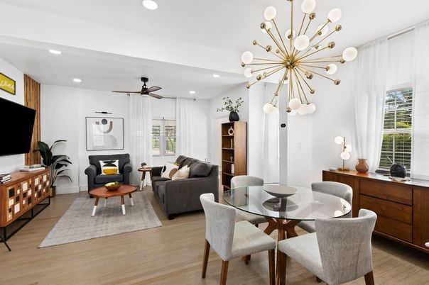 Dining room, Interior, Living room, Pendant Lights, Recessed Lighting, Wood Texture Flooring