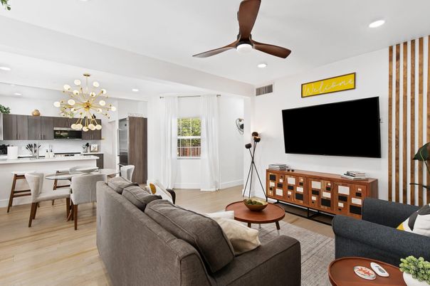 Interior, Kitchen, Living room, Pendant Lights, Recessed Lighting, Stainless Steel Appliances, Wood Texture Flooring