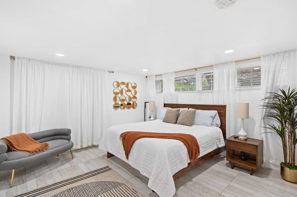 Bedroom, Interior, Recessed Lighting, Wood Texture Flooring