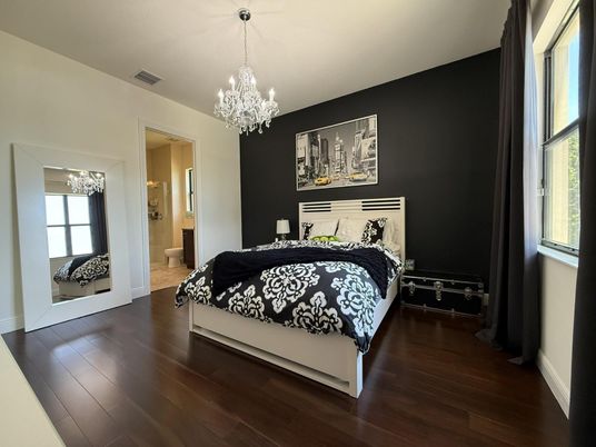 Bedroom, Chandelier, Interior, Wood Texture Flooring